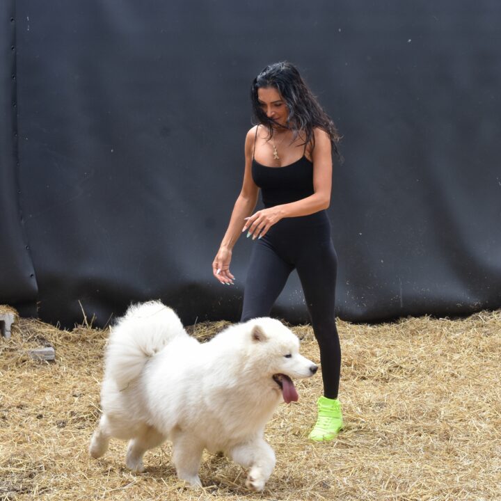 Woman walking white fluffy dog outdoors.